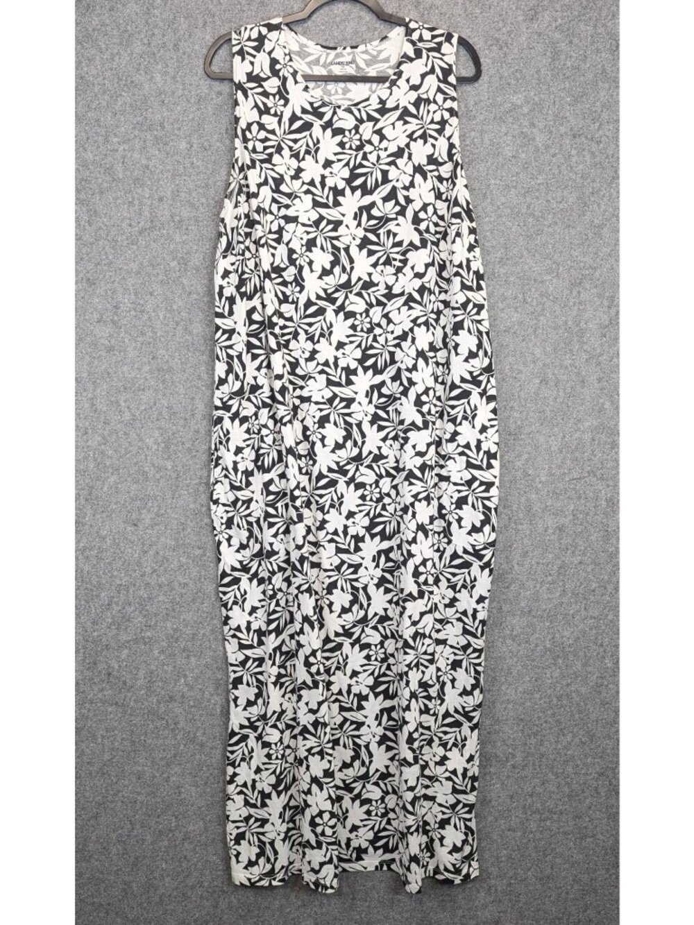 Lands End Sleeveless Floral Maxi Dress Womens 2X Black White Tropical Stretch